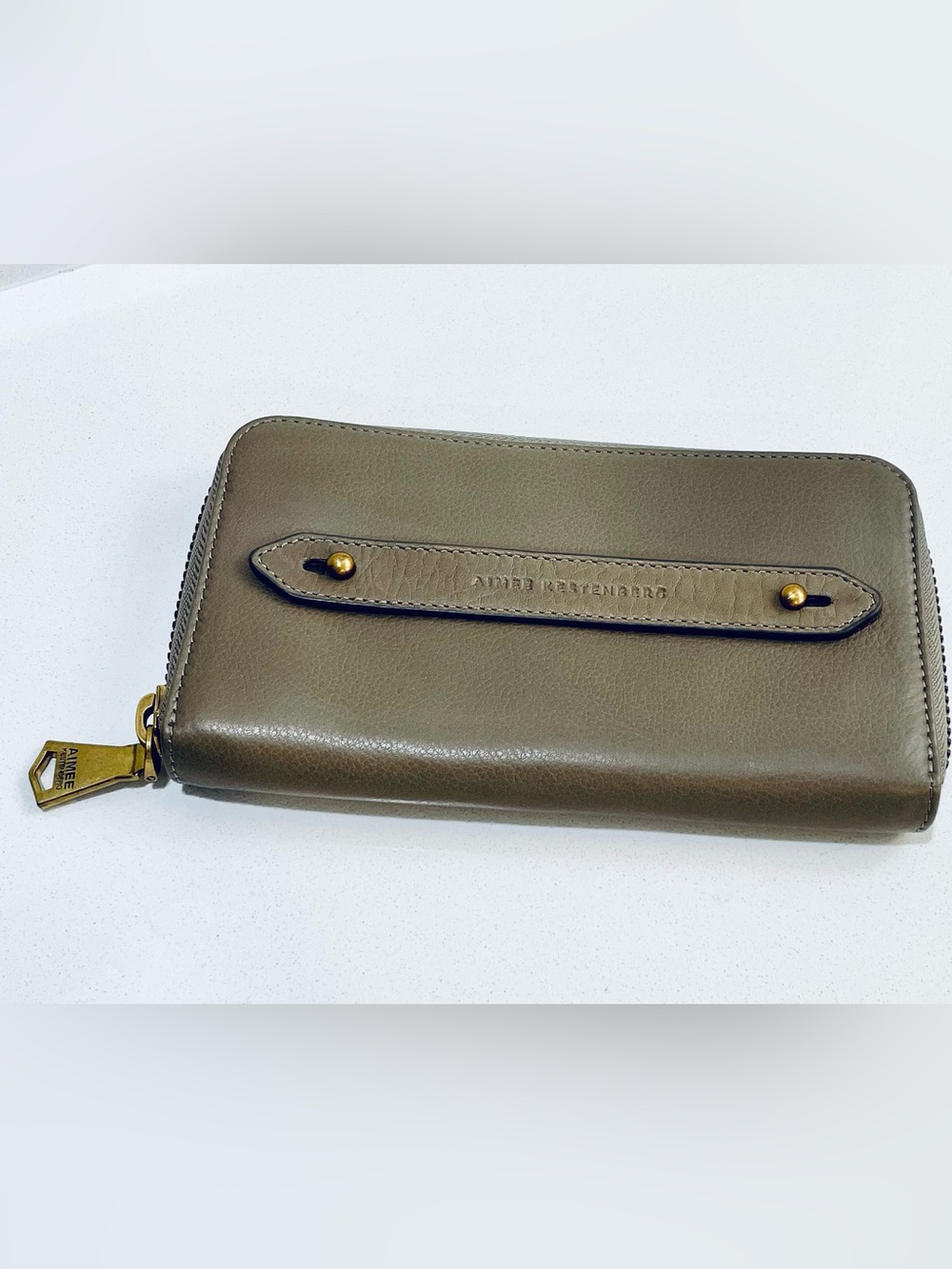 Aimee Kestenberg Taupe Leather Zip Around Wallet with Brass Hardware